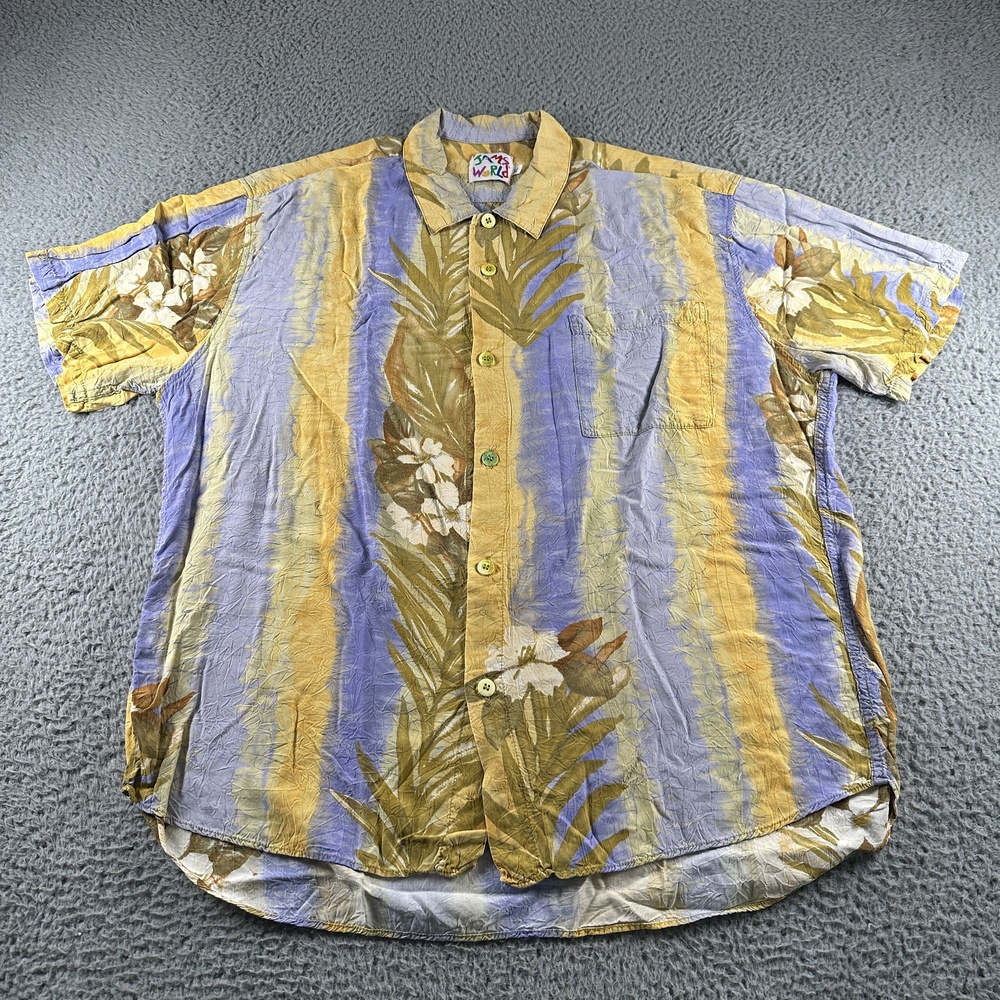 Vtg Jams World Shirt Mens XL Hawaiian Aloha Floral Striped Yellow Purple Rayon
